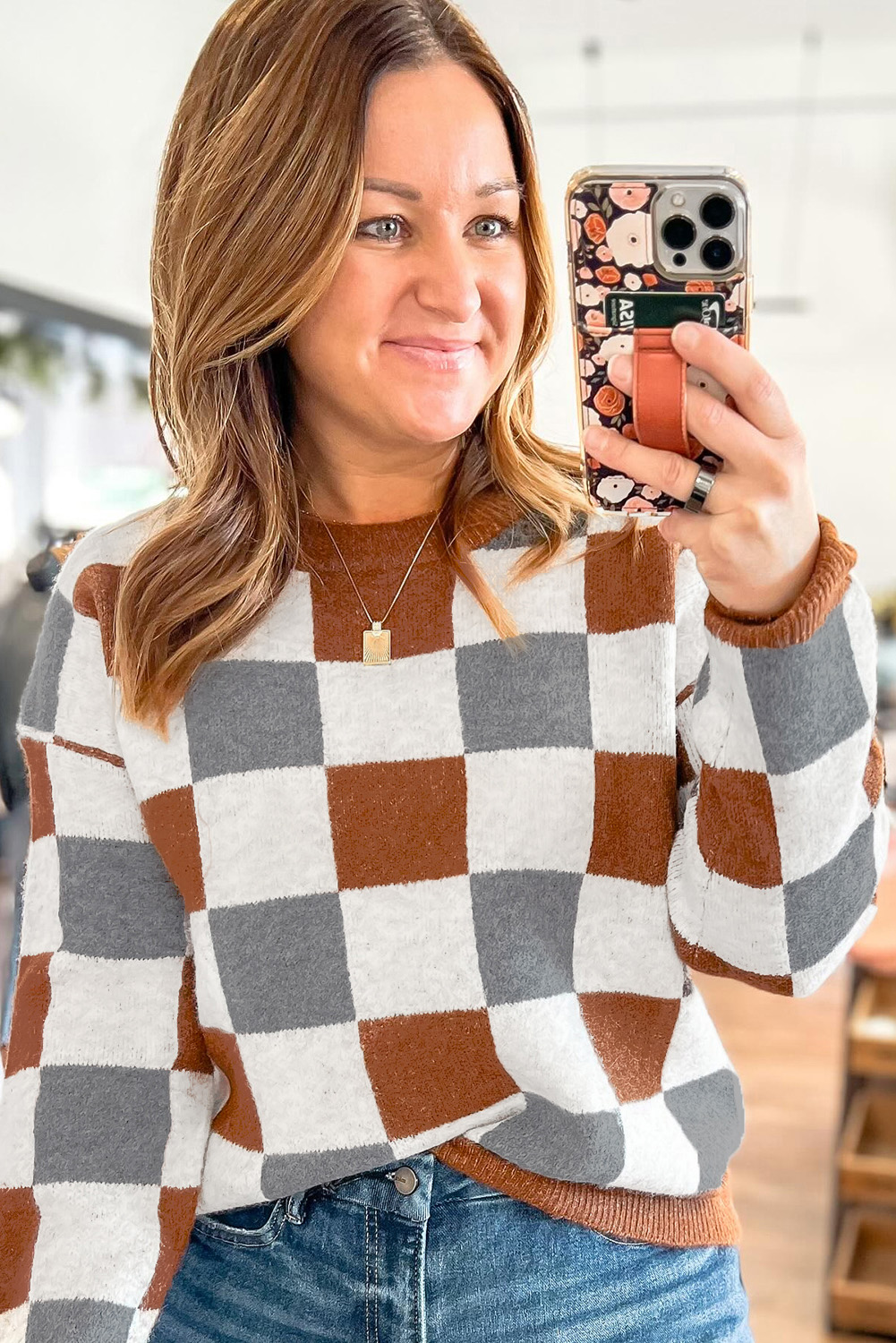 Brown Plus Size Checkered Crewneck Sweater - Image 3