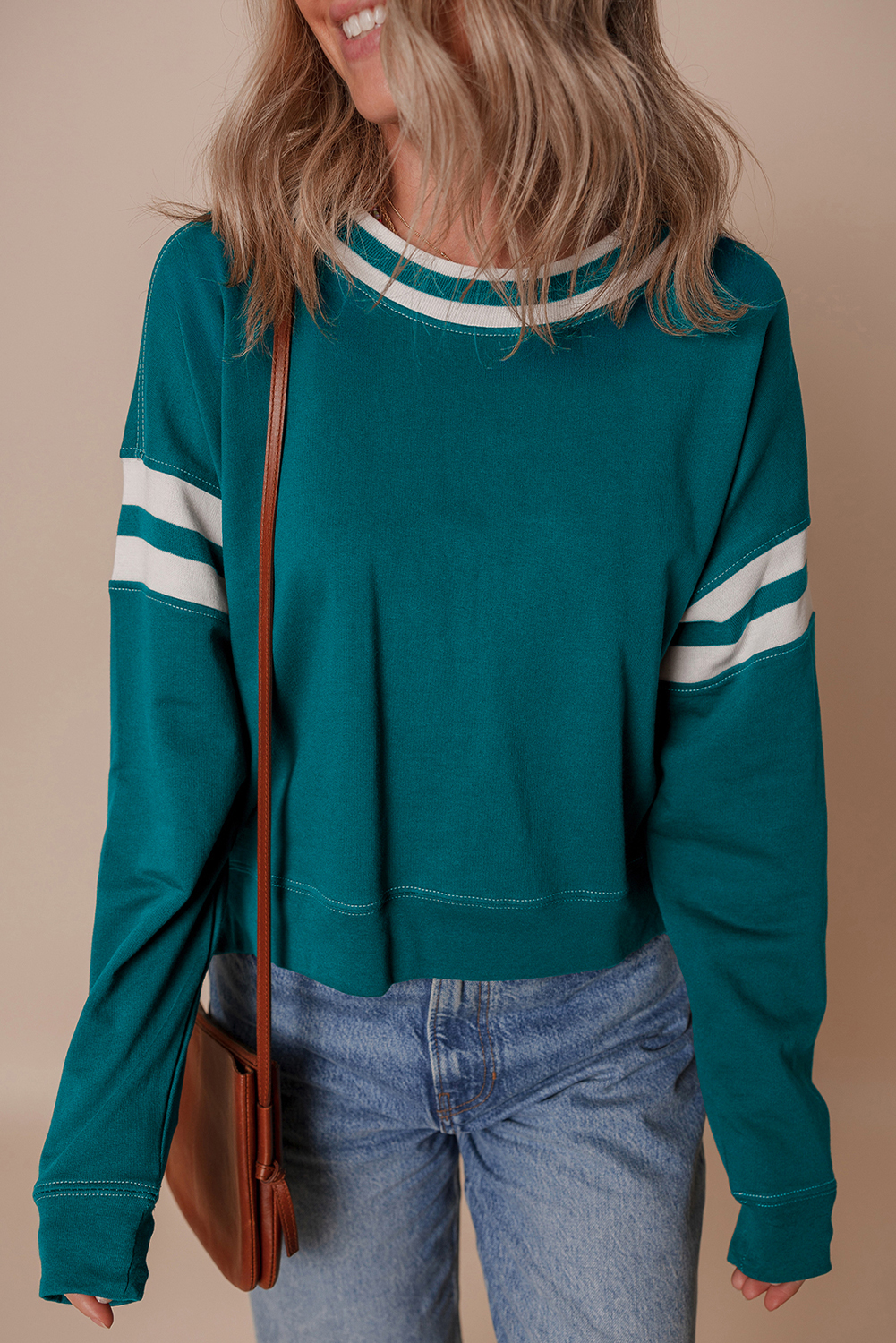 Blackish Green Contrast Striped Patchwork Round Neck Drop Shoulder Sweatshirt - Image 6