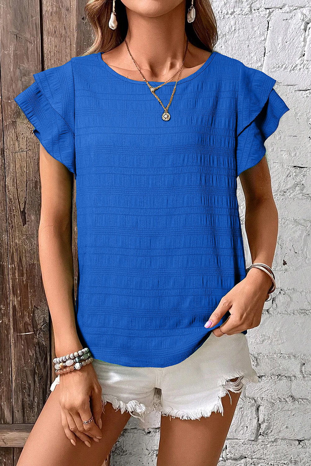 Dark Blue Textured Ruffled Sleeve Round Neck Top - Image 3