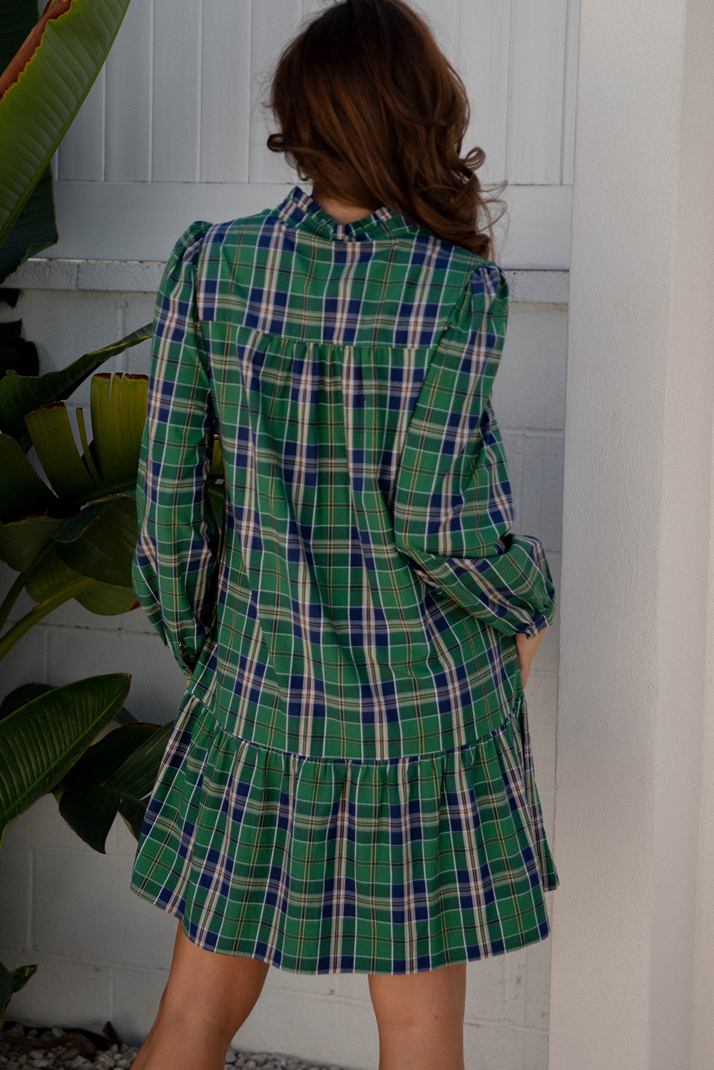 Green Plaid Print Frilly Collar Long Sleeve Shift Mini Dress - Image 2