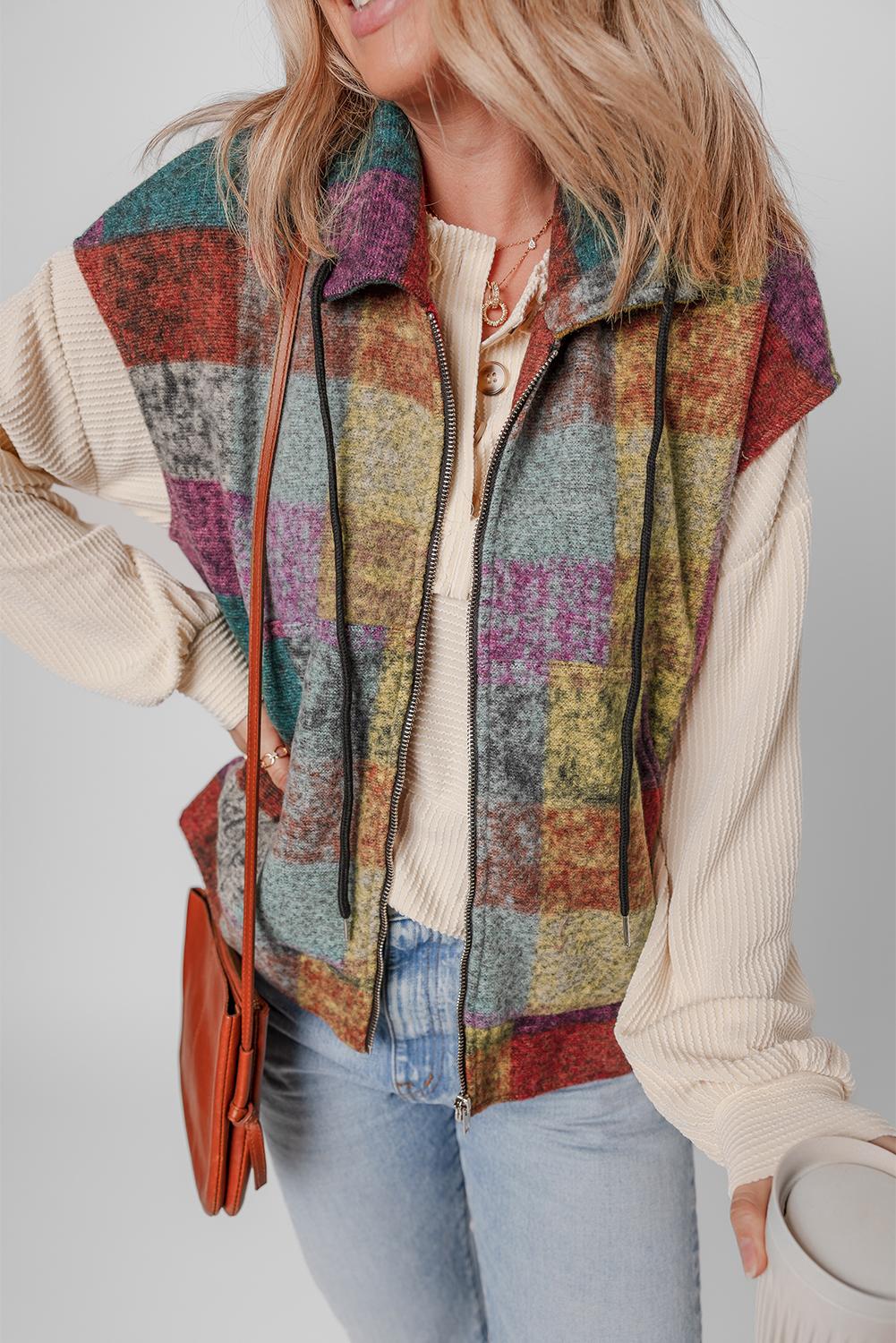 Multicolor Plaid Print Side Pockets Zipped Loose Vest - Image 4
