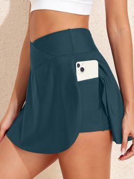 Sea Green Solid Pocketed Crossover High Waist Swim Skort