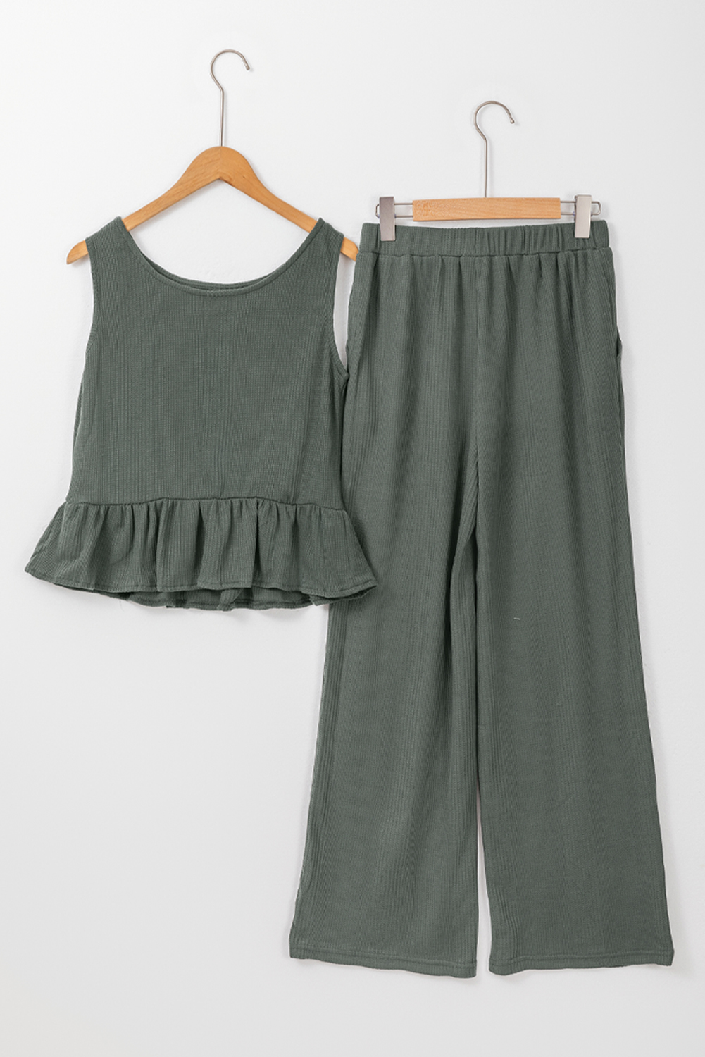 Duffel Green Solid Color Ribbed Ruffle Tank Top and Pants Set - Image 8