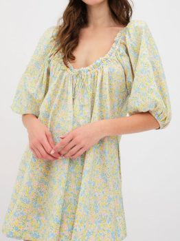 Green Floral Half Sleeve Frilled U Neck A-line Short Dress