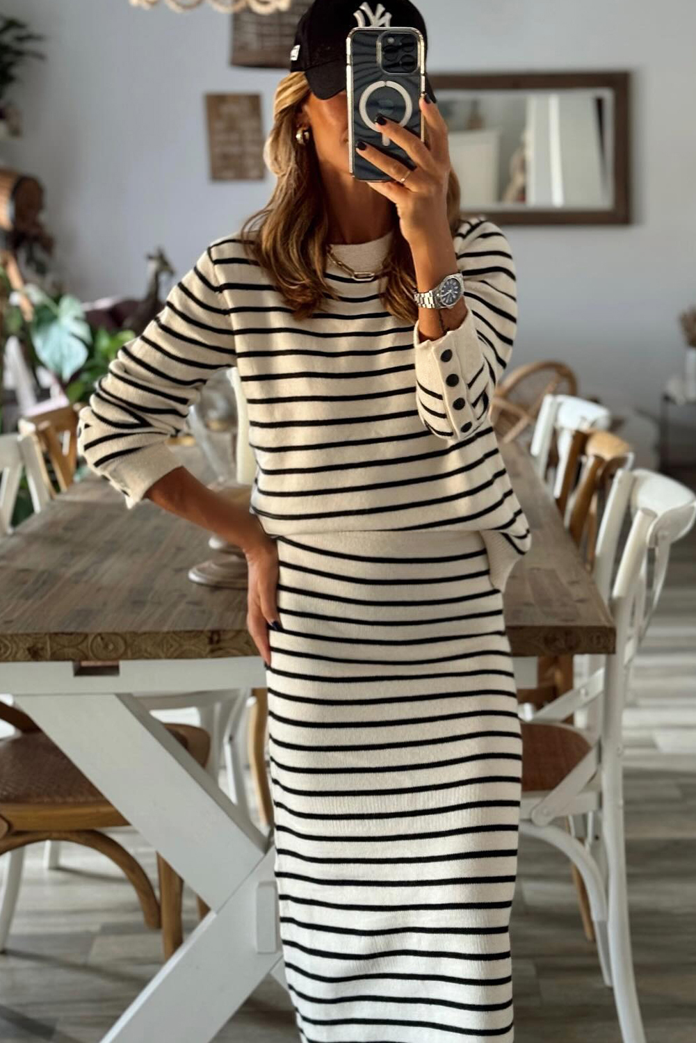 Black Stripe Ribbed Trim Button Cuff Long Sleeve Top Midi Skirt 2pcs Outfit - Image 2