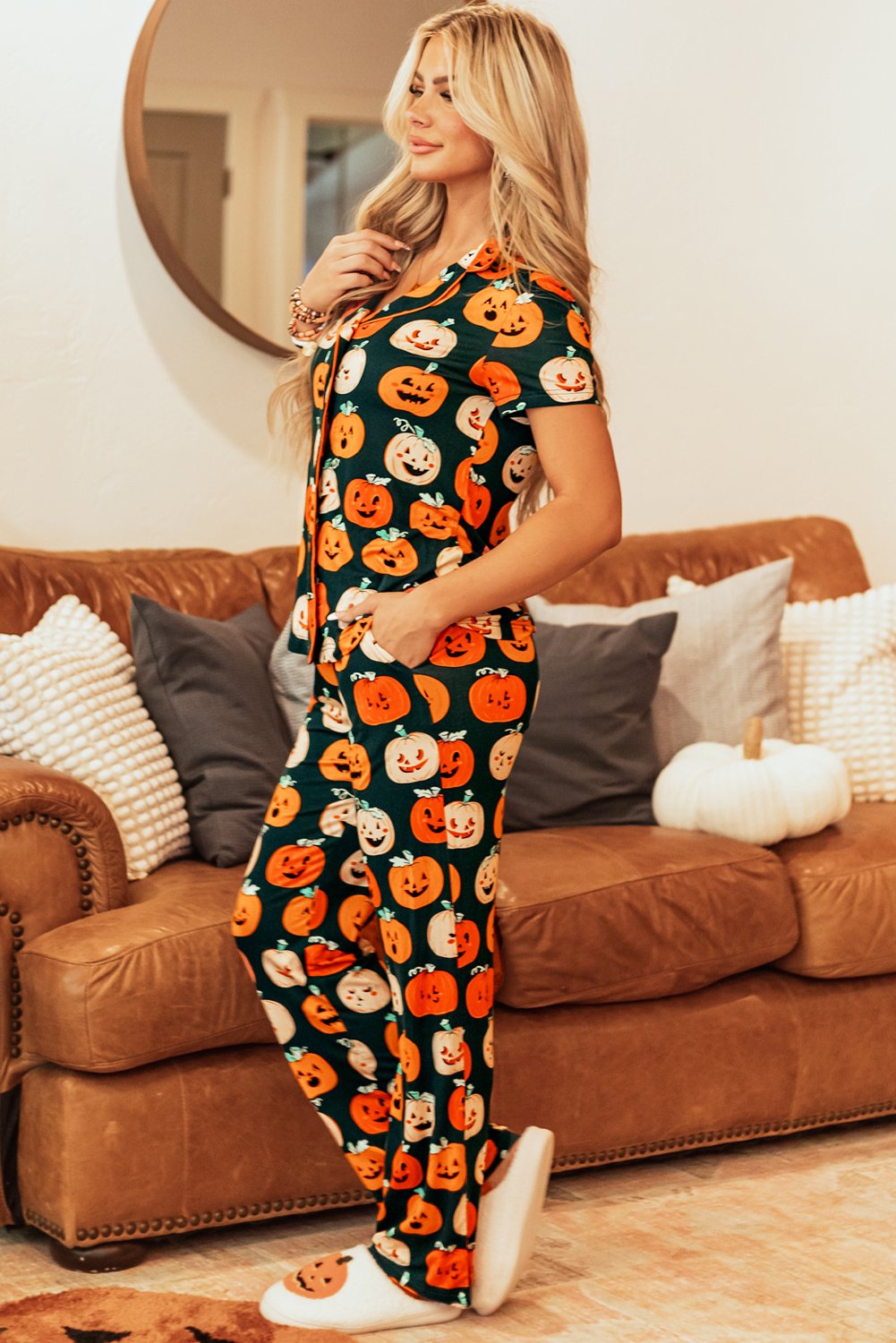 Orange Halloween Pattern Short Sleeve Shirt Pajama Set - Image 5