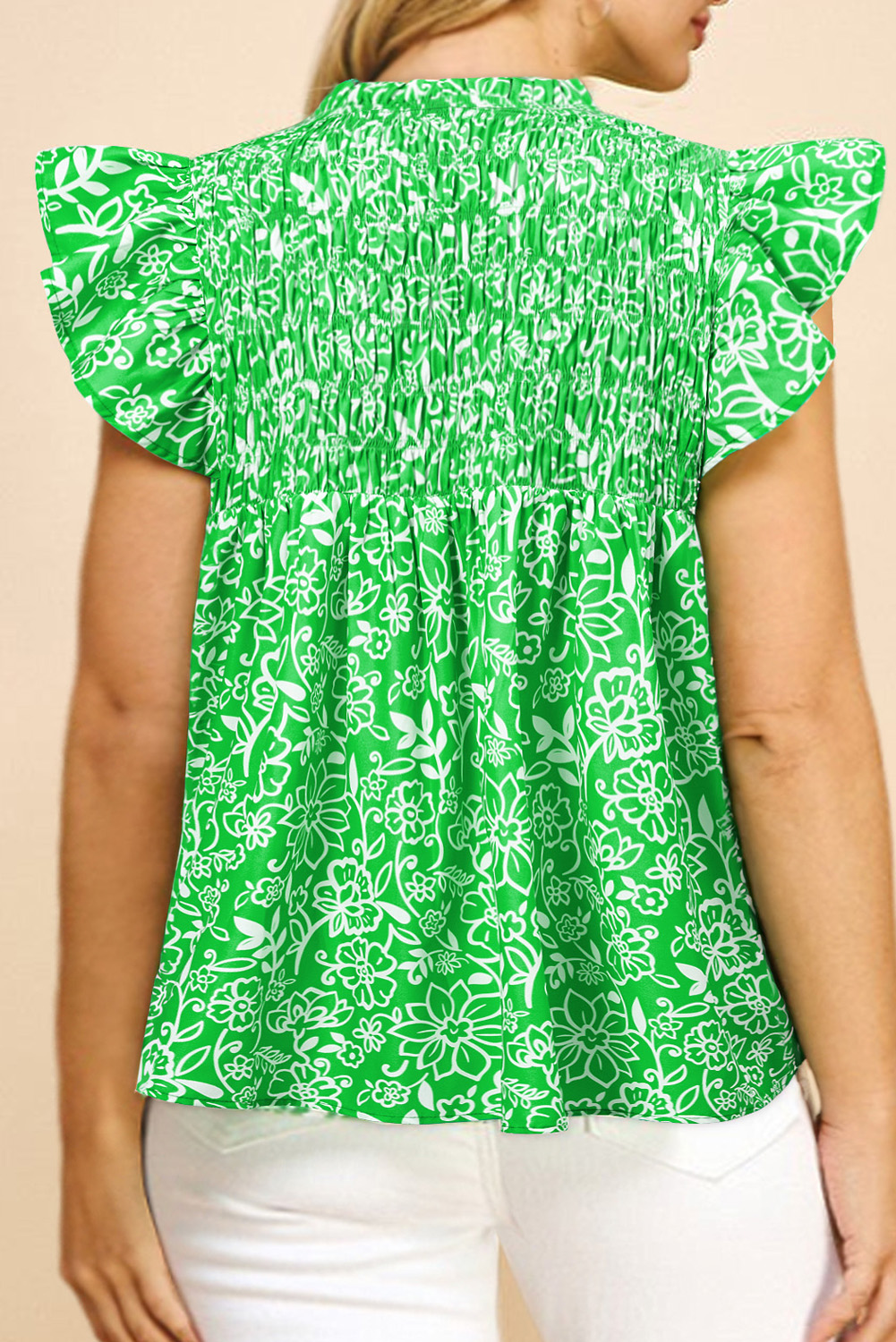 Green Floral Flutter Sleeve Shirred Notched Neck Plus Size Blouse - Image 2