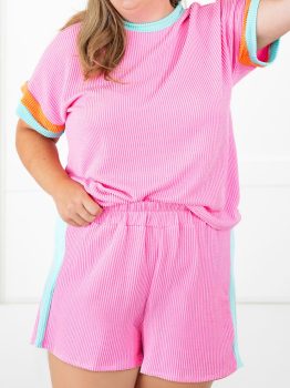Bonbon Plus Size Color Block Corded Knit Tee and Shorts Set