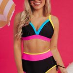 Black Color Block Drawstring Side V Neck High Waist Bikini Set