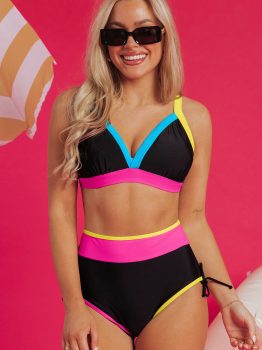 Black Color Block Drawstring Side V Neck High Waist Bikini Set