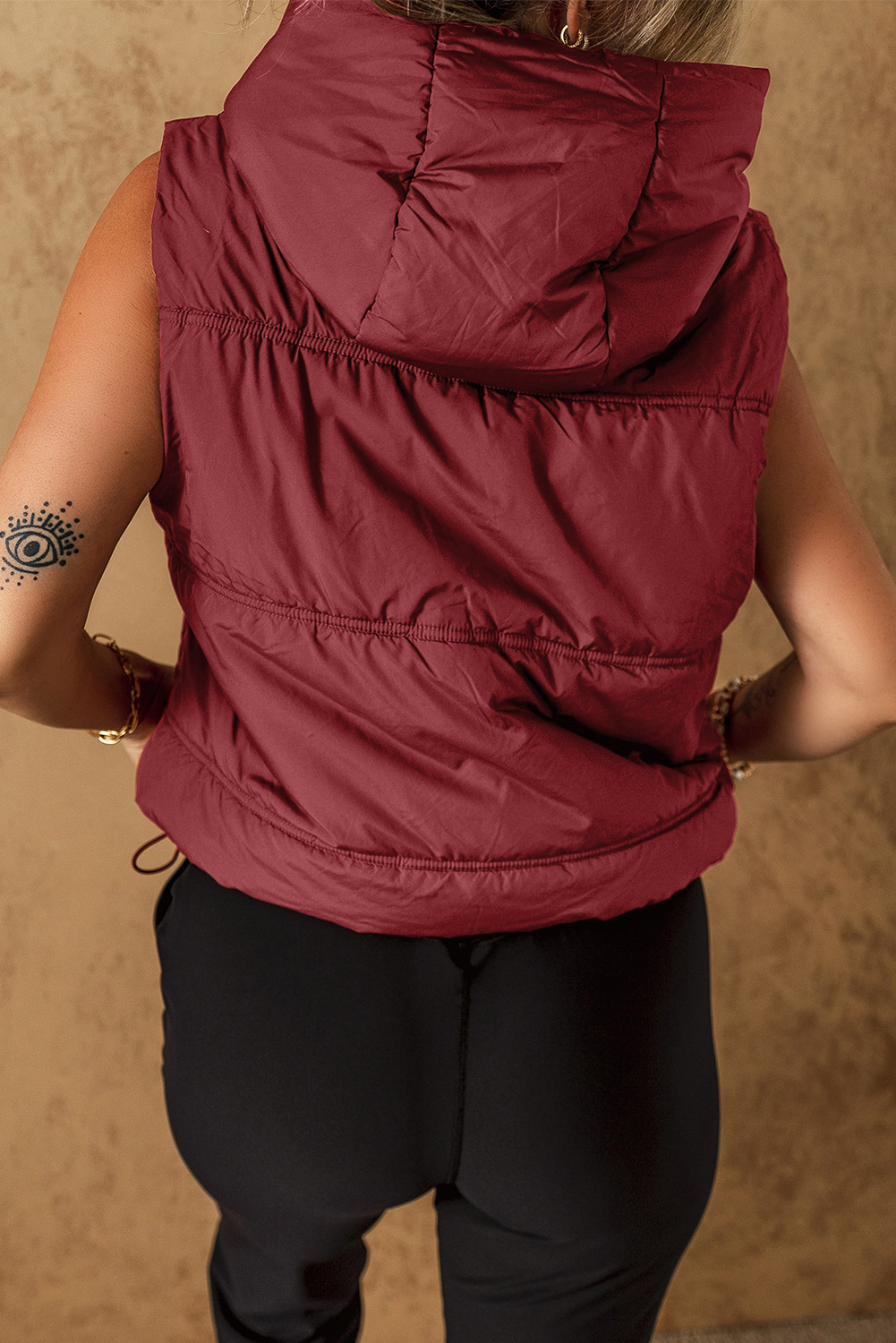 Clay Zip-up Side Pockets Hooded Puffer Vest - Image 2
