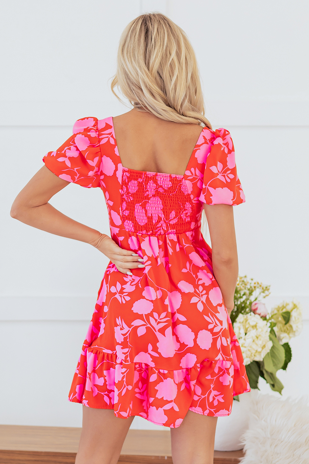 Red Floral Bubble Sleeve Sweetheart Neck Ruffled Mini Dress - Image 2