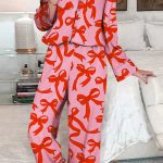 Pink 2pcs Bow Print Shirt Style Long Sleeve Pajama Set