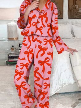 Pink 2pcs Bow Print Shirt Style Long Sleeve Pajama Set