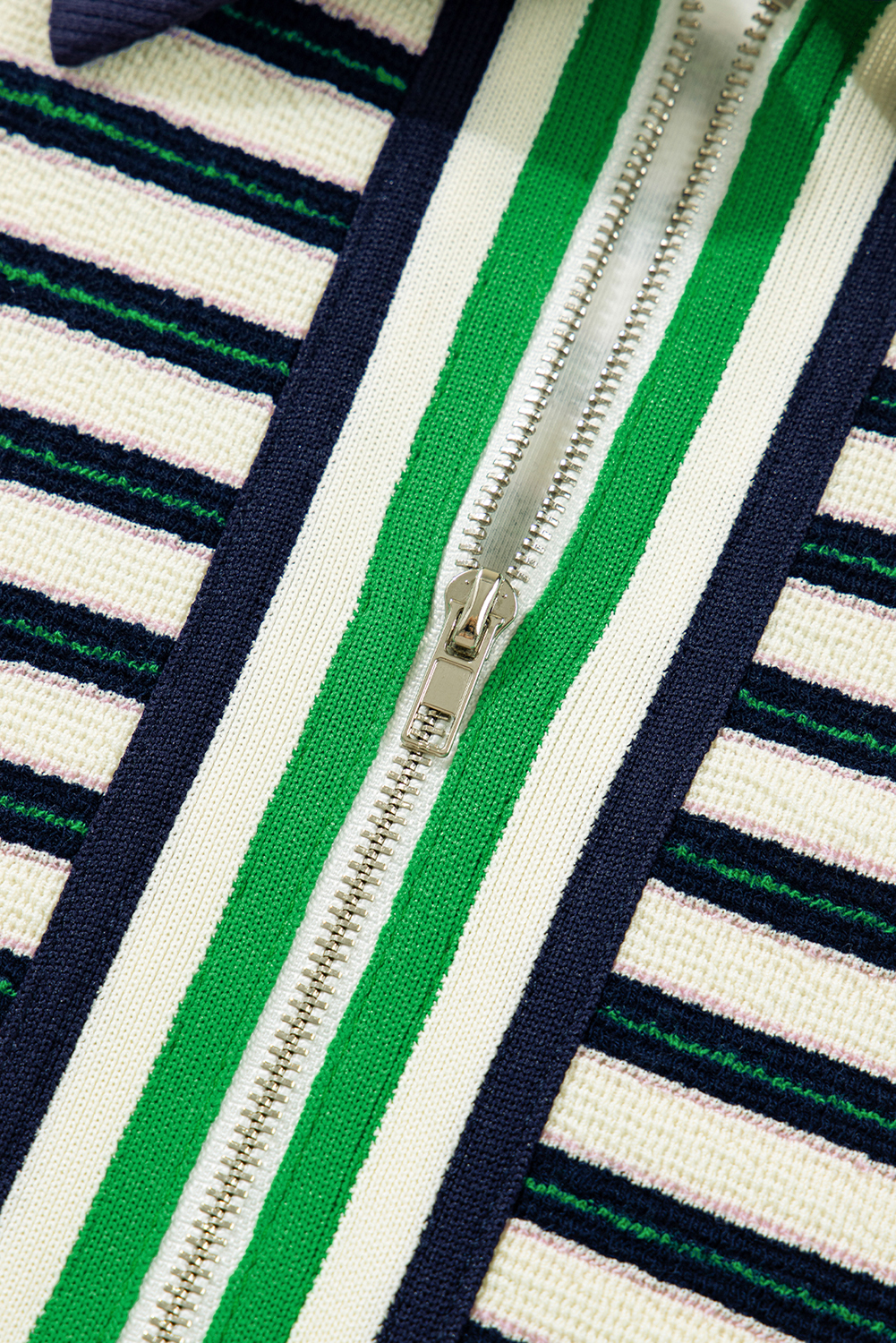 Navy Blue Striped Print Contrast Collar Zip V Neck Long Sleeve Top - Image 5