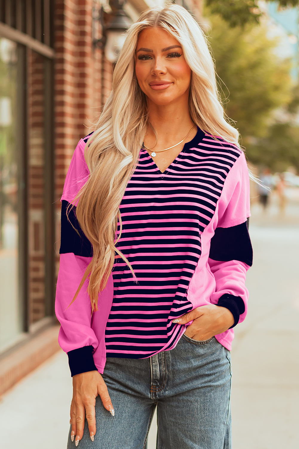 Pink Stripe Color Block V Neck Loose Fit Long Sleeve Top - Image 5