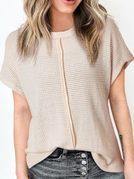 Pale Khaki Solid Color Textured Seamed Short Sleeve Top