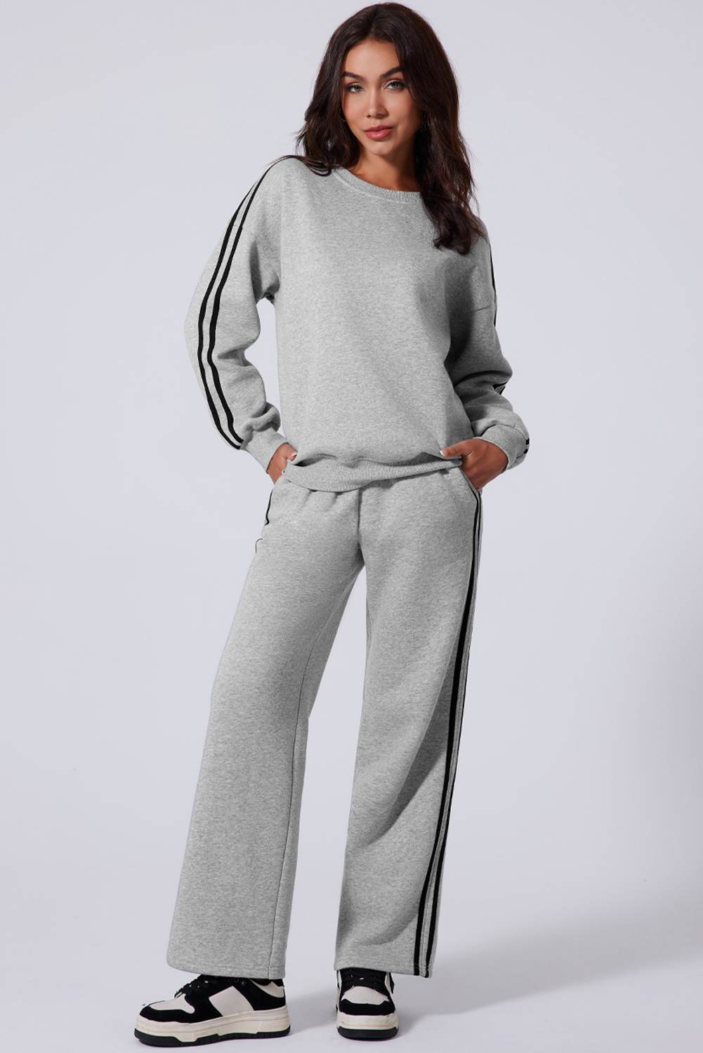 Light Grey Solid Color Side Striped Sweatshirt Active Set - Image 7