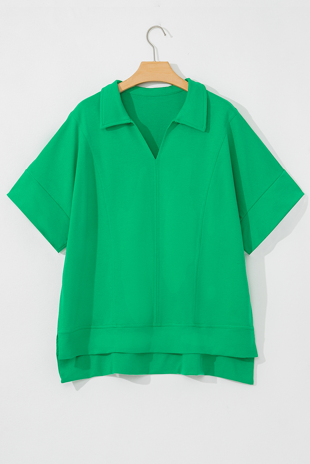 Bright Green Short Sleeve Turn-Down Collar Plus Size Blouse - Image 6