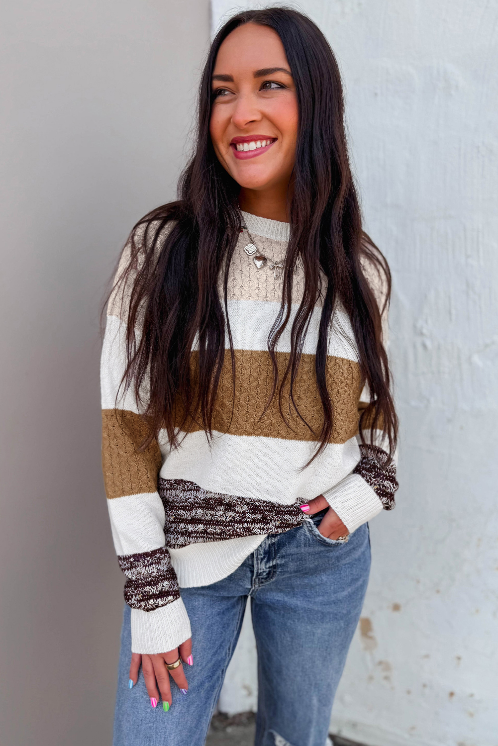 Brown Mixed Texture Knit Striped Color Block Loose Sweater - Image 5
