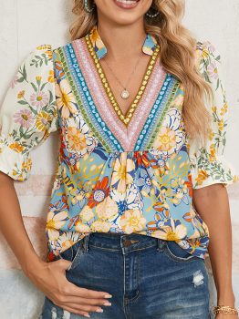 Multicolour Crochet V Neck Half Sleeve Boho Floral Blouse