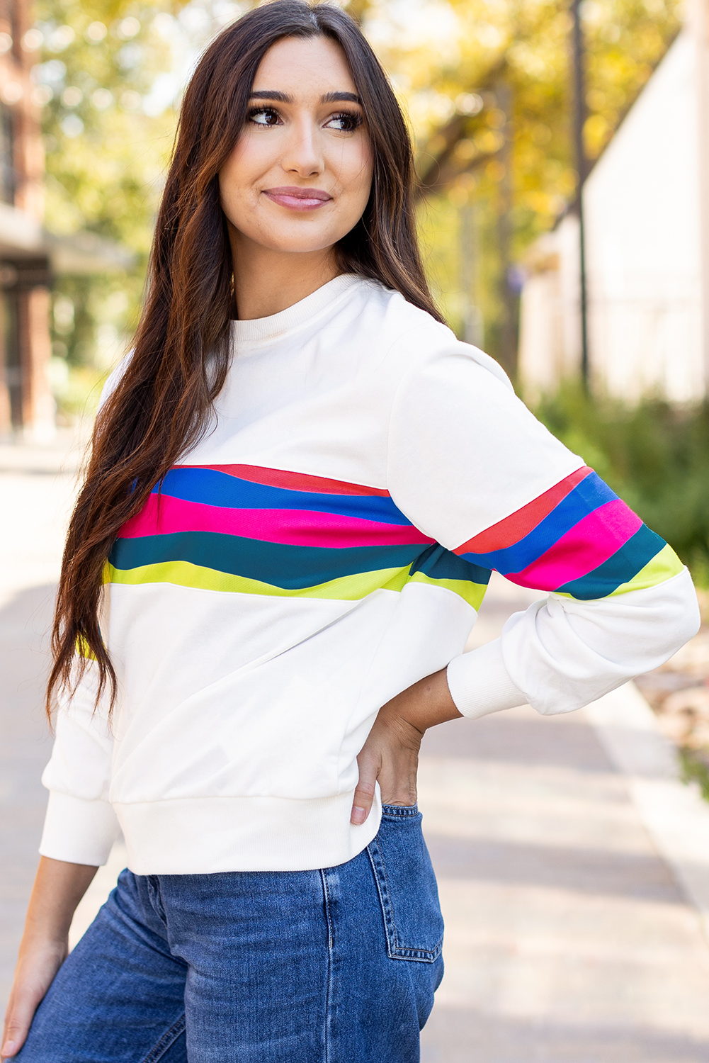 White Colorful Striped Accent Long Sleeve T Shirt - Image 3