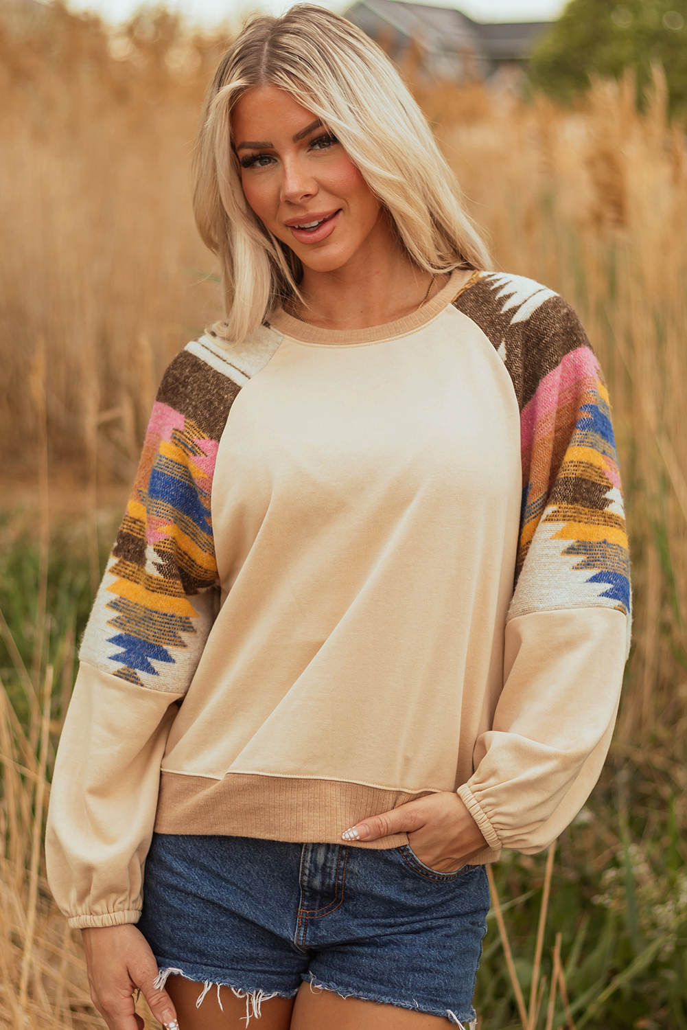 Light French Beige Aztec Patchwork Raglan Pullover Sweatshirt - Image 5