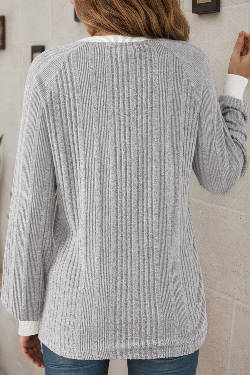 Gray Ribbed Contrast Cuffed Round Neck Long Sleeve T Shirt - Image 2