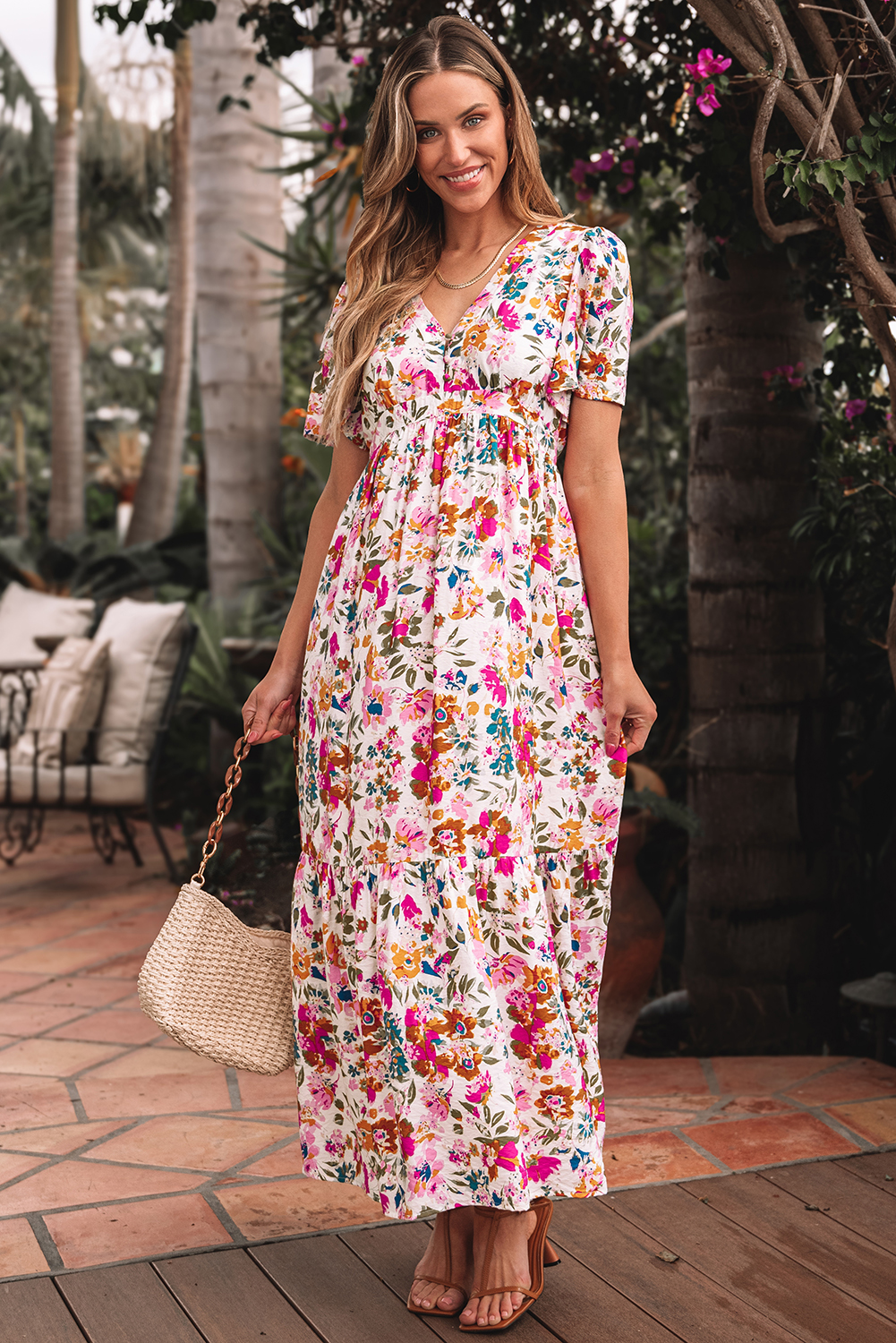 Red Floral Short Sleeve V Neck High Waist Maxi Dress - Image 3