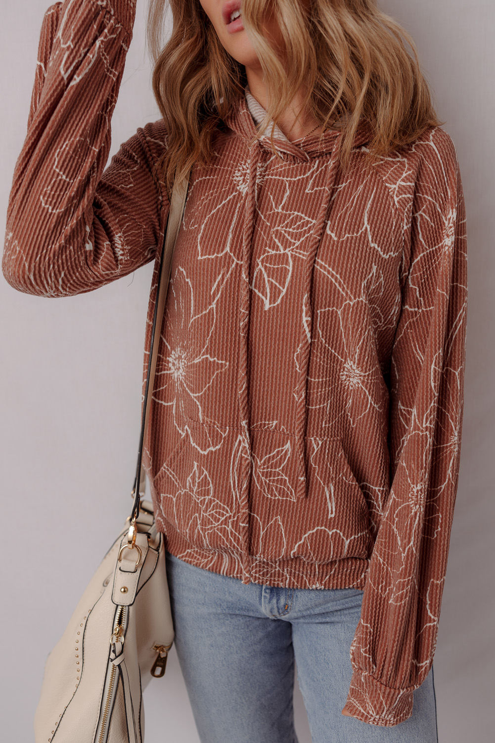 Brown Floral Twisted Rib Drawstring Kangaroo Pocket Hoodie - Image 8