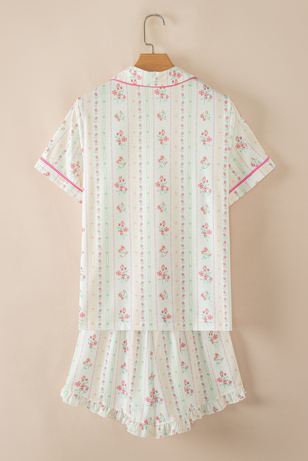 Beige Floral Print Contrast Pipping Short Pajamas Set - Image 5