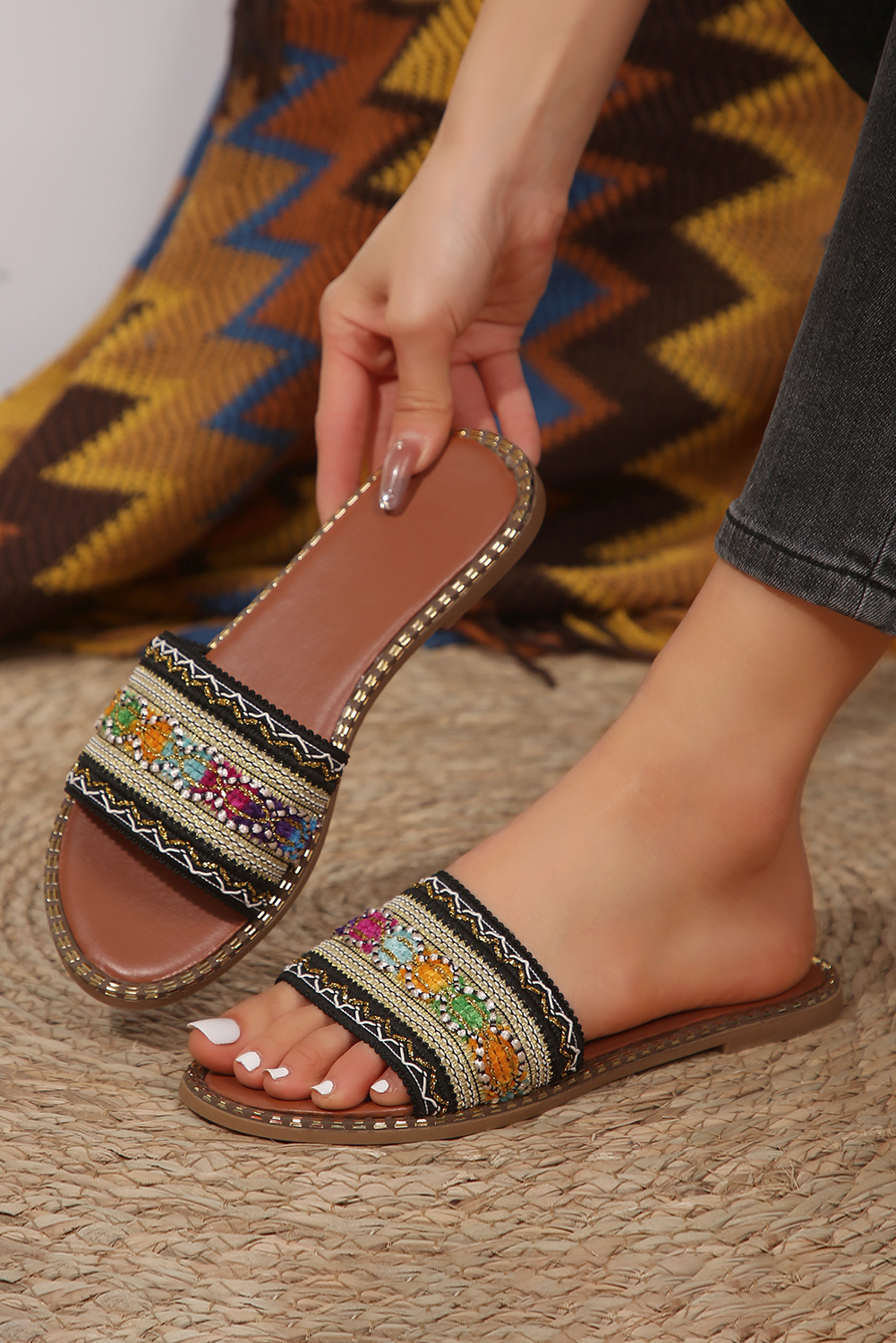 Chestnut Bohemian Pattern Crochet Faux Leather Beach Slippers - Image 2