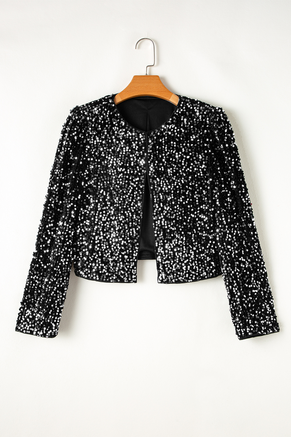 Black Sequined Open Front Cropped Jacket - Image 8