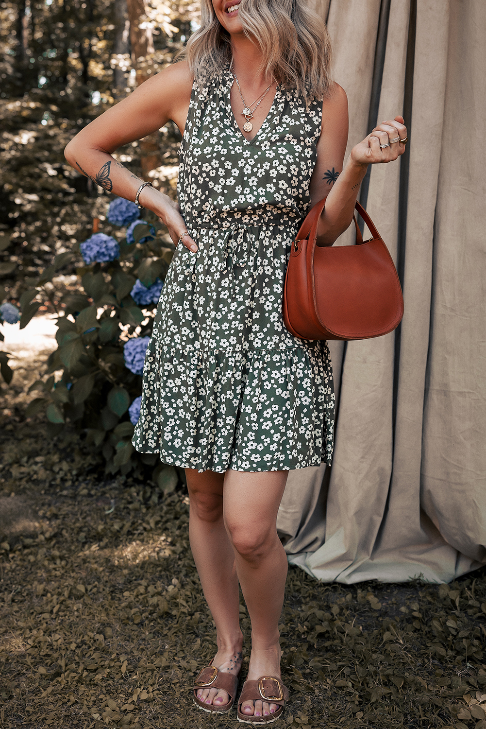 Green Boho Floral Print V Neck Tunic Sleeveless Dress - Image 6