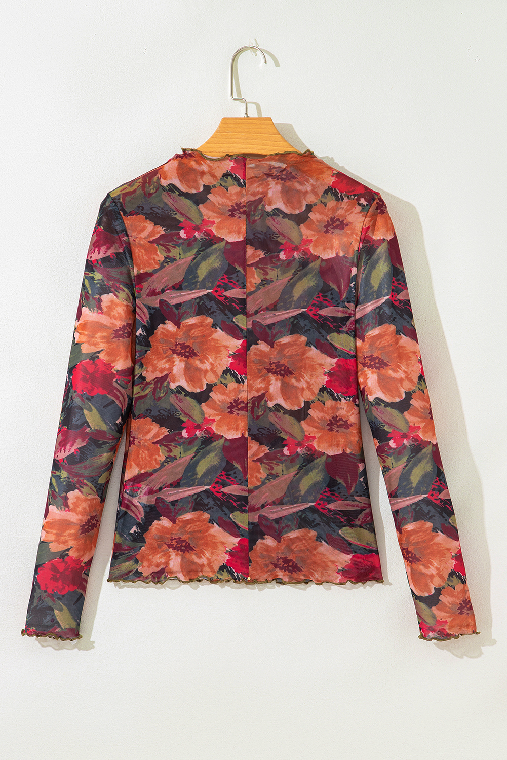 Multicolour Floral Print Lettuce Trim Long Sleeve Mesh Top - Image 7