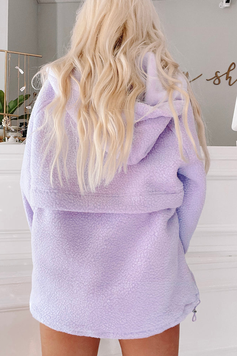 Lavendula Zipped Patch Pocket Fuzzy Drawstring Hoodie - Image 2