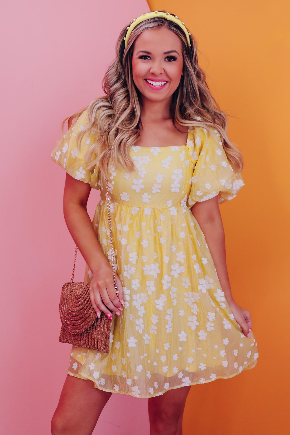 Yellow Boho Flower Jacquard Puff Sleeve Square Neck Mini Dress - Image 7
