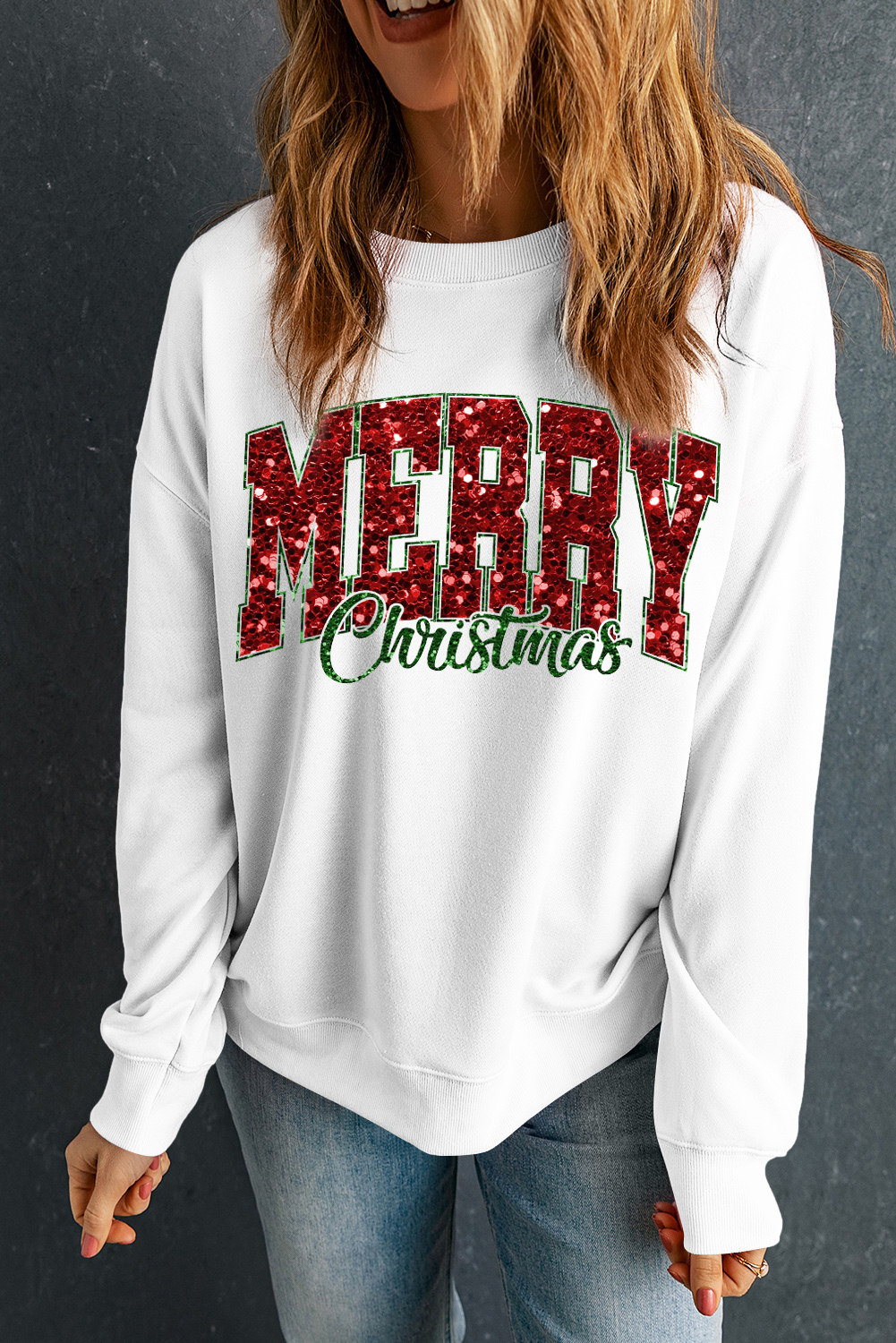 Beige MERRY Christmas Heat Transfer Printing Crewneck Pullover Sweatshirt - Image 6
