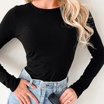 Black Ribbed Long Sleeve Crew Neck Solid Color Bodysuit