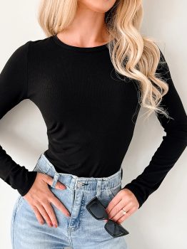 Black Ribbed Long Sleeve Crew Neck Solid Color Bodysuit