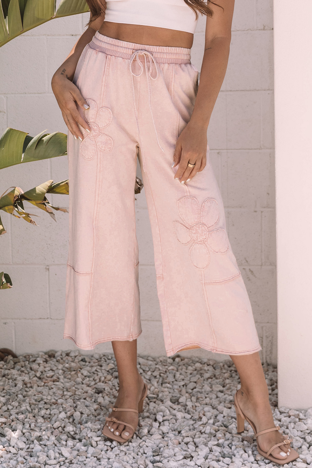 Pink Flower Patch Mineral Washed Terry Knit Cropped Wide Leg Pants - Image 5