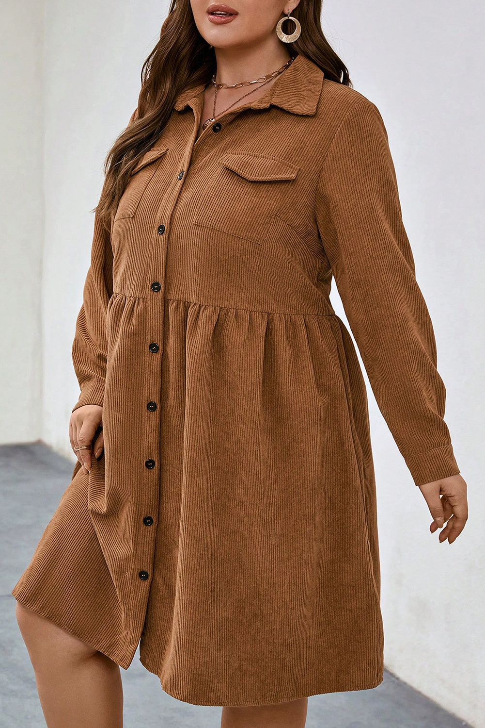Camel Corduroy Full Buttoned Collared Shirt Style Plus Size Dress - Image 3