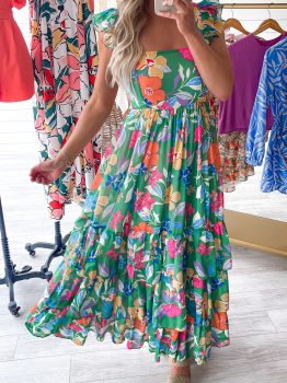 Green Floral Print Sleeveless Ruffle Tiered Maxi Dress