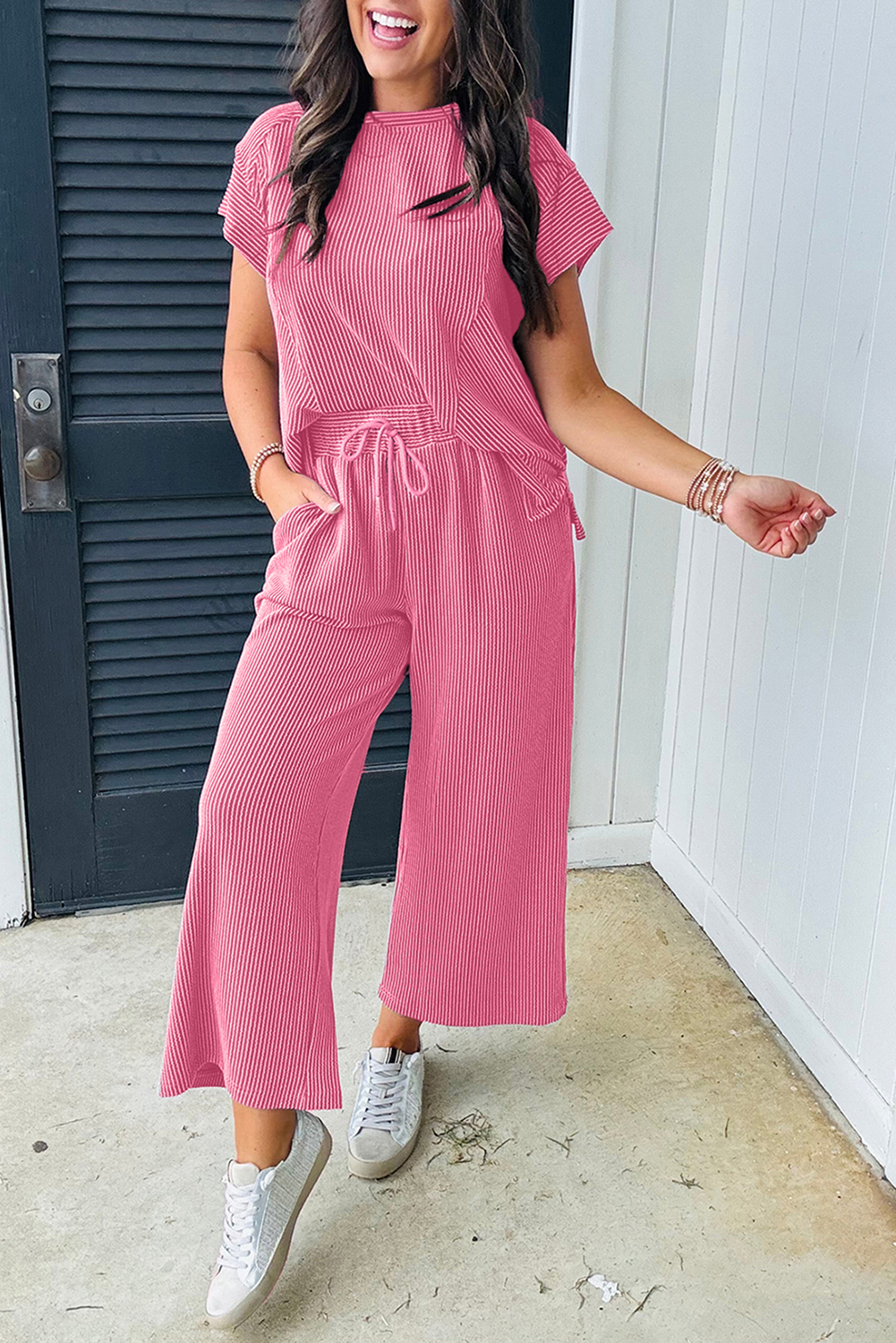 Bright Pink Solid Corded Knit Short Sleeve T Shirt and Wide Leg Pants Set - Image 6