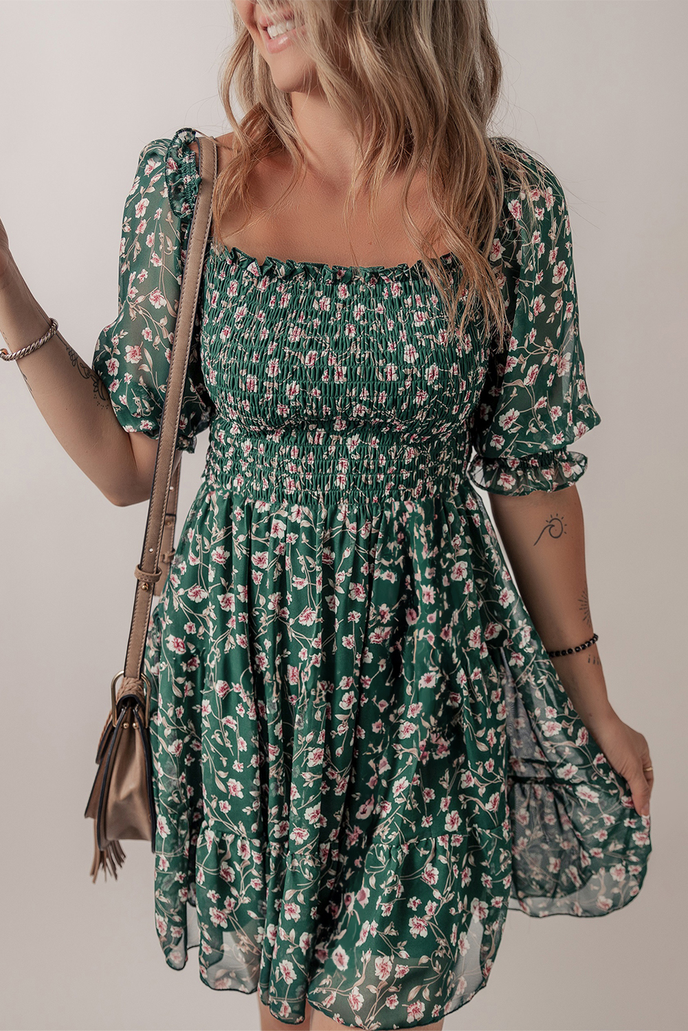 Green Smocked Square Neck Puff Short Sleeve Floral Dress - Image 3