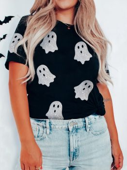 Black Glitter Ghost Pattern Crew Neck Halloween T Shirt