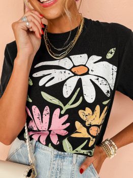 Black Retro Floral Print Crew Neck Casual T Shirt