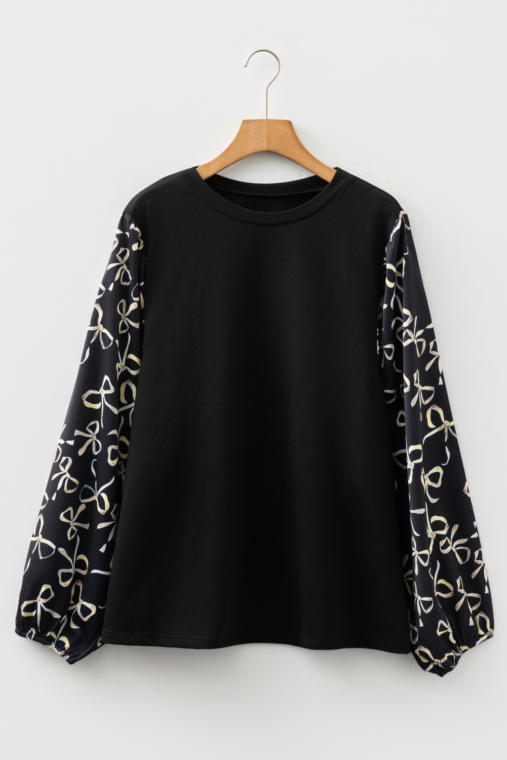 Black Bow Knot Patchwork Crewneck Plus Size Blouse - Image 8
