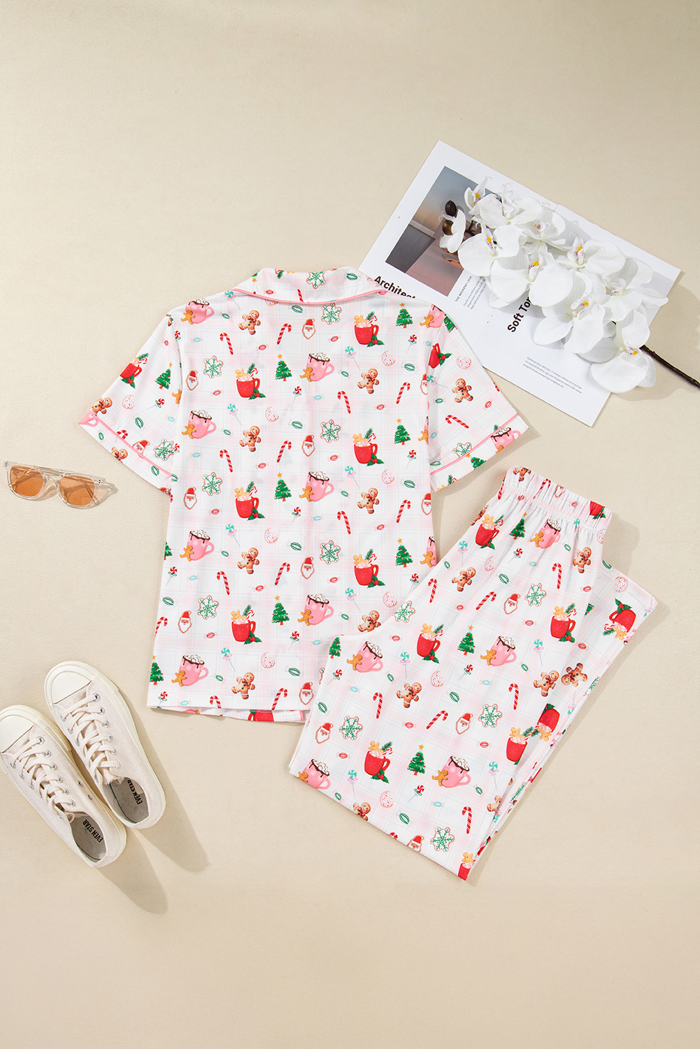 Pink Christmas Spirit Cute Holiday Print Short Sleeve Shirt and Pants 2pcs Pajama Set - Image 5