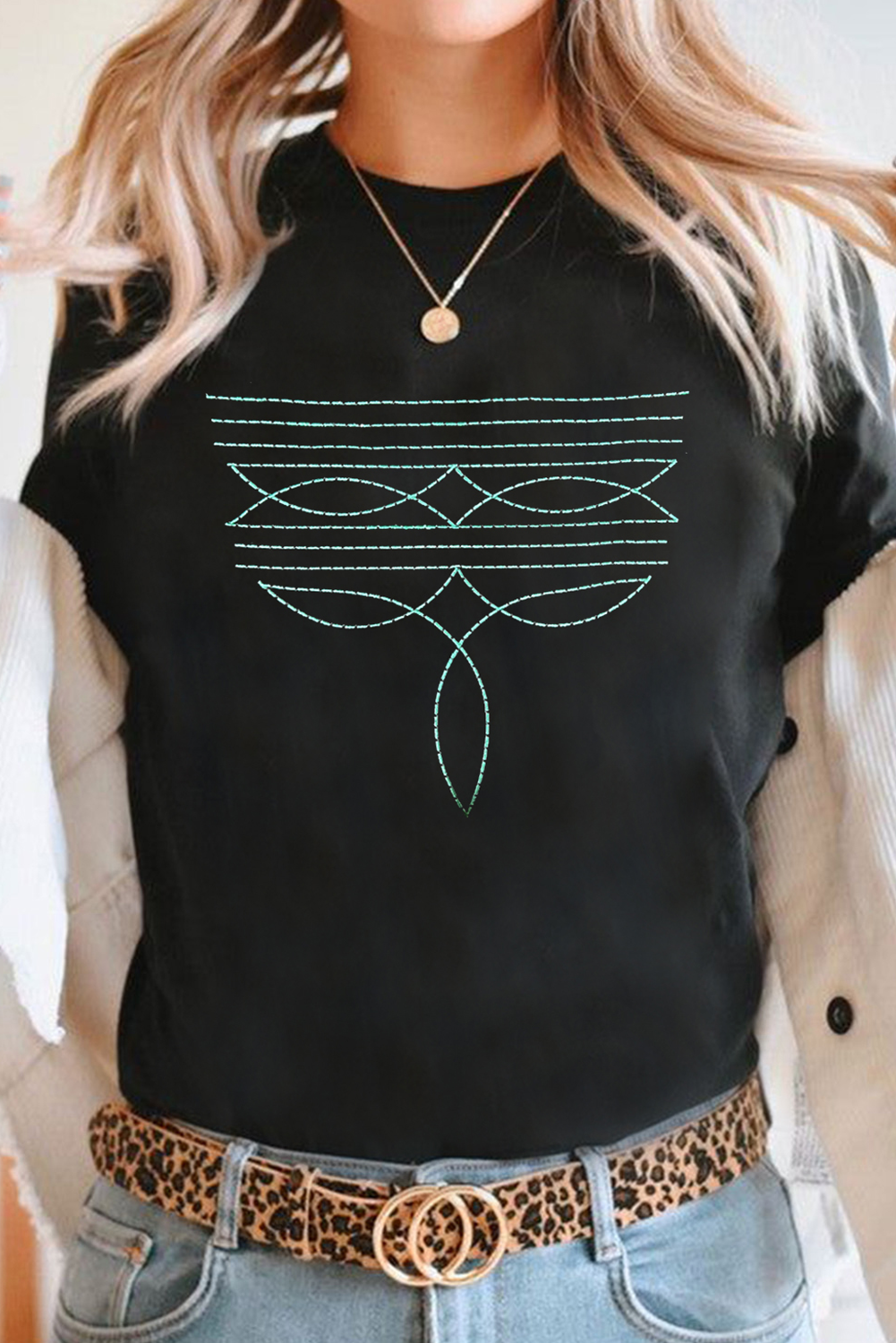 Black Western Fashion Geometric Embroidered T Shirt - Image 4